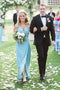 Sheath V-Neck Floor-Length Blue Bridesmaid Dresses with Split