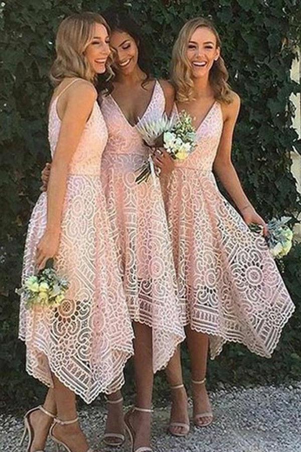 spaghetti straps v-neck asymmetrical lace short pink bridesmaid dresses dtb37