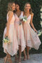 Spaghetti Straps V-neck Asymmetrical Lace Short Pink Bridesmaid Dresses