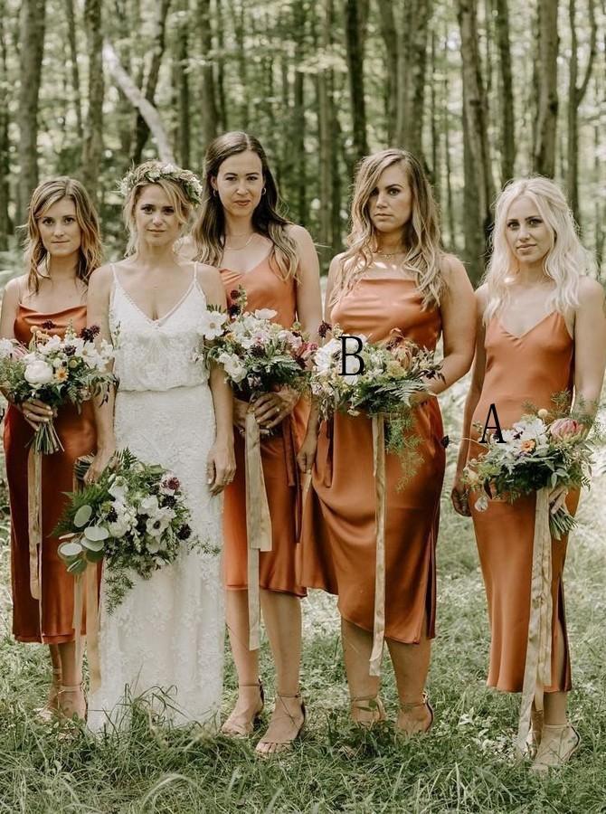 simple tea-length orange sheath bridesmaid dresses with split dtb167