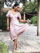 sleek a-line v-neck mid-calf pink bridesmaid dress with cap sleeves dtb169