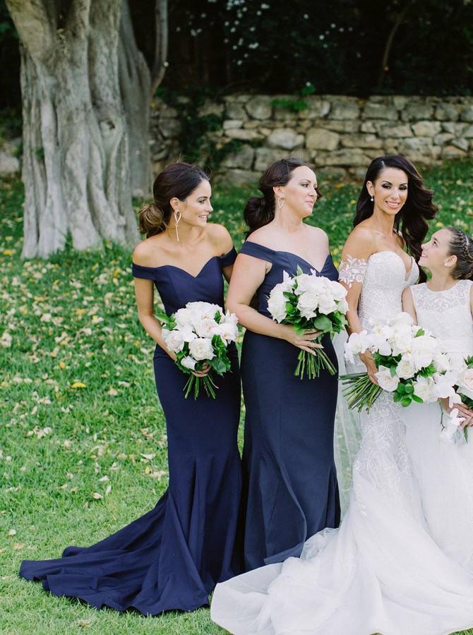 Off-shoulder Satin Mermaid Dark Blue Simple Bridesmaid Dresses