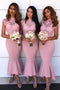 Lace Cap Sleeves Hi-Low Asymmetry Pink Mermaid Bridesmaid Dresses