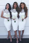 Jewel Lace Cap Sleeves White Sheath Knee-Length Bridesmaid Dresses