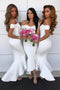 Short Sleeves Hi-Low White Mermaid Off-Shoulder Bridesmaid Dresses