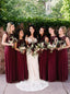 A-Line Chiffon Burgundy Bridesmaid Dresses with Lace Top