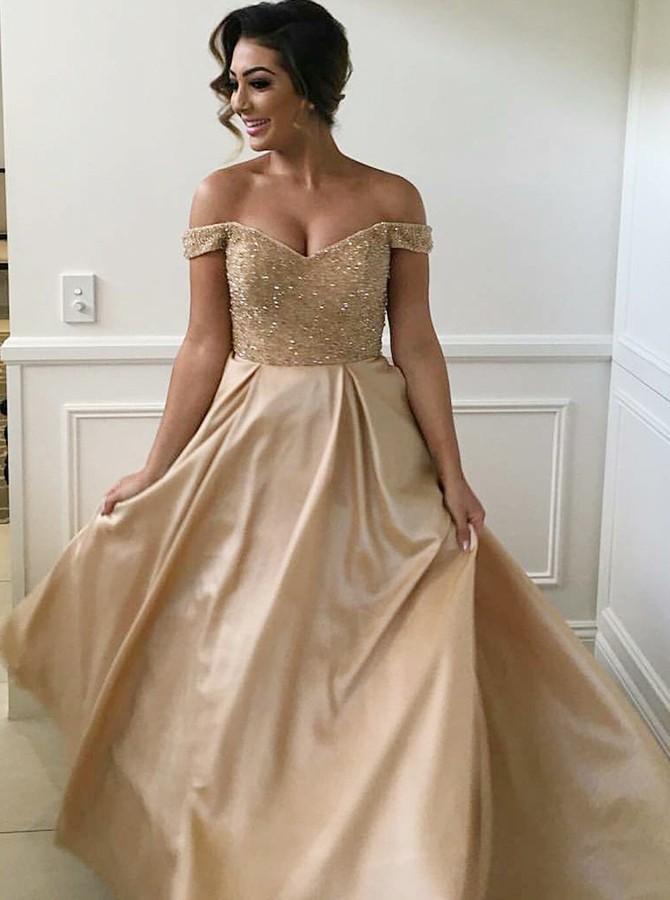 Off Shoulder Beading Bodice Long Bridesmaid Dresses with Pockets