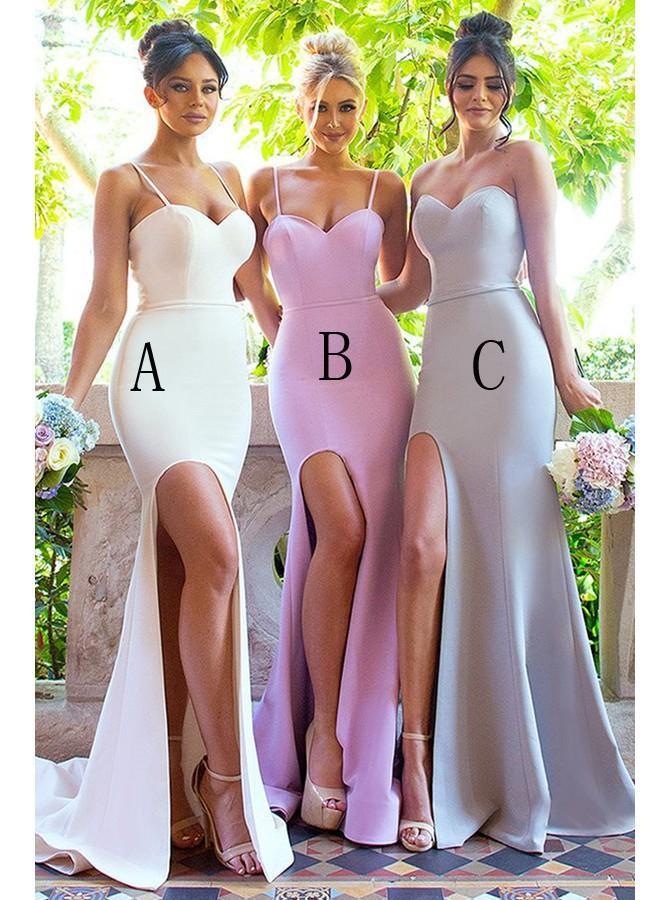 simple spaghetti straps sweetheart mermaid bridesmaid dresses with split dtb181