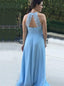 Round Neck Open Back Light Blue Bridesmaid Dress with Ruched