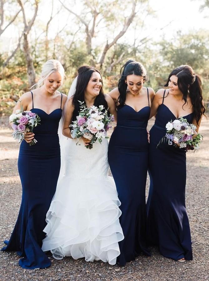 Mermaid Spaghetti Straps Navy Blue Bridesmaid Dresses