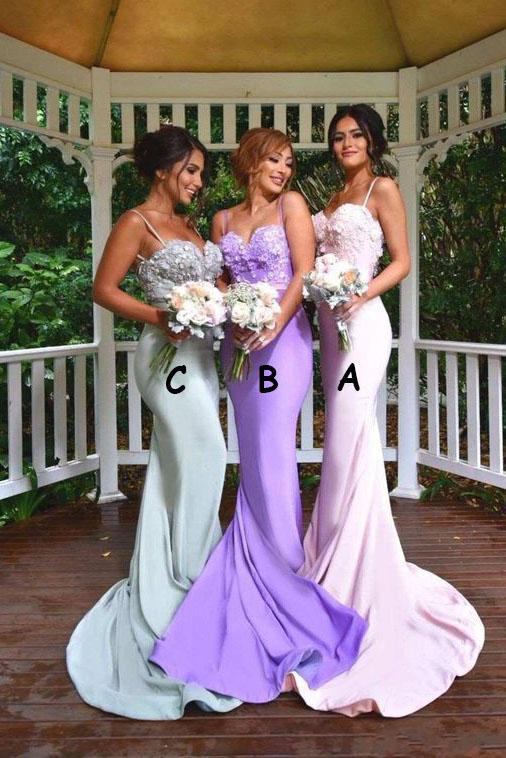 spaghetti straps appliques mermaid backless bridesmaid dresses dtb131