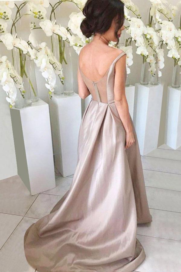 Simple A-line V-neck Sleeveless Long Bridesmaid Dresses