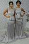 Bateau Sheath Grey Long Bridesmaid Dresses With Lace