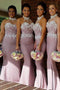 Halter Blush Mermaid Long Bridesmaid Dresses with Appliques