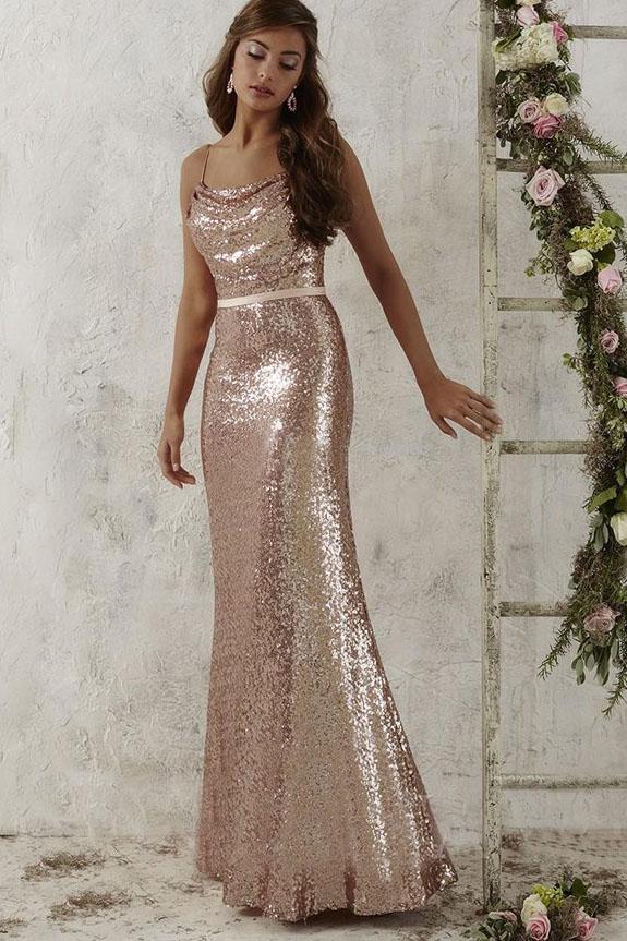 spaghetti straps rose gold sequined sheath bridesmaid dress dtb144