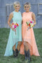 Bateau Asymmetry Mint/Peach Chiffon Bridesmaid Dresses with Appliques