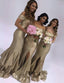 Short Sleeves Mermaid Sequins Gold Bridesmaid Dresses with Ruffles Split