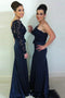 Sheath One-shoulder Long Sleeve Dark Blue Bridesmaid Dresses with Lace