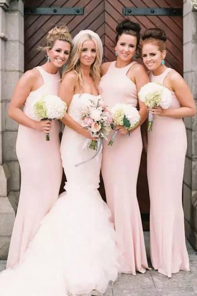 simple jewel floor length pearl pink mermaid bridesmaid dresses dtb151