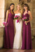 spaghetti straps v-neck fuchsia long bridesmaid dresses with ruched dtb134