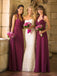 Spaghetti Straps V-neck Fuchsia Long Bridesmaid Dresses With Ruched