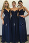 A-line Navy Blue Chiffon Floor Length Bridesmaid Dresses With Lace