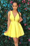 Simple Yellow V-neck Satin Pleat Short Prom Homecoming Dress