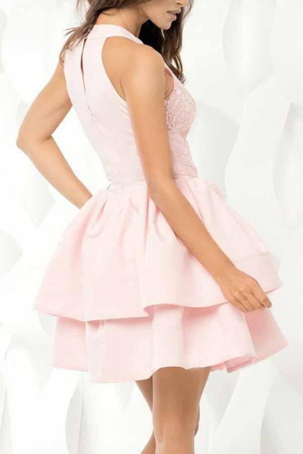 Pink High Neckline Appliques Short Homecoming Dress with Layered Skirt