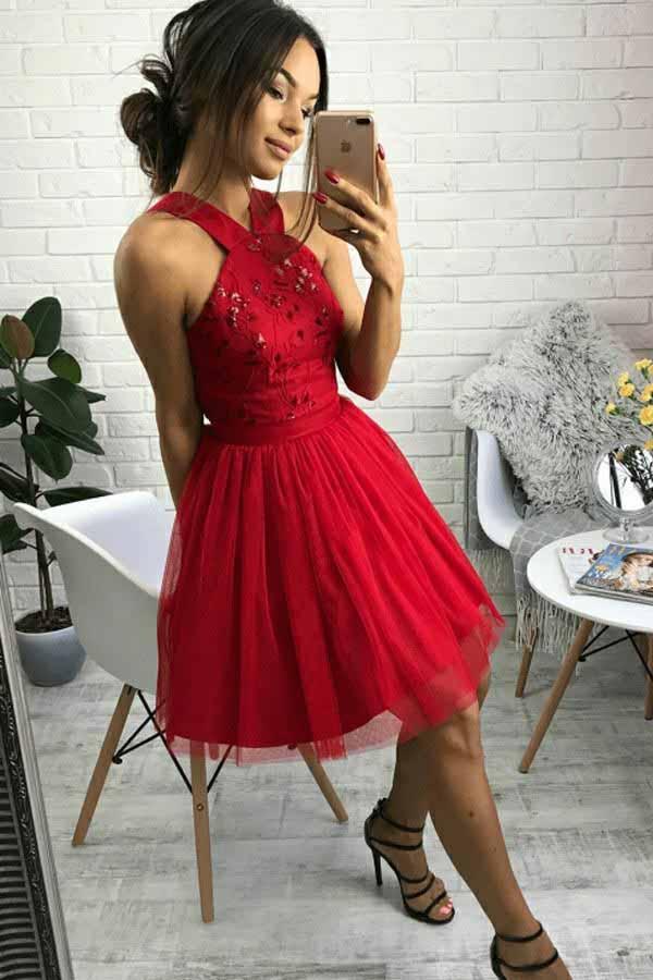 Cute Red Sweet 15 Dress A-line Cross Neck Beading Homecoming Dress