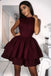 high neck burgundy short prom homecoming dresses with tiered skirt dth213