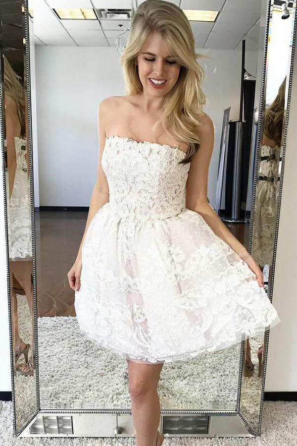 charming ivory strapless homecoming dresses lace short party dress dth225