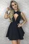 Simple High Neck Cutout Satin Black Pleated Homecoming Dress