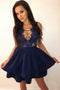 A-line Lace Applique Criss-Cross Blue Tiered Cocktail Party Dress