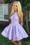 Lilac Printed Satin Short Prom Homecoming Dress with Pockets