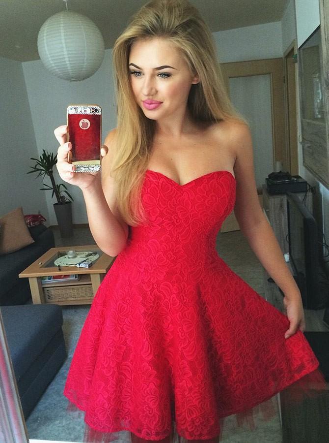 Cute A-line Lace Red Pleats Sweetheart Homecoming Dress