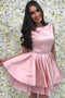 Jewel Pink Short Prom Dresses Satin Homecoming Dress With Tiered Skirt