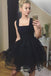 A-line Square Black Homecoming Dress Tulle Pleated Short Prom Dress