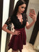 Short Sleeves Black Lace Homecoming Dresses, Burgundy Skirt Party Dress