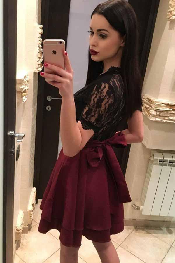 Short Sleeves Black Lace Homecoming Dresses, Burgundy Skirt Party Dress