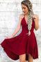 Spaghetti Straps V-neck Burgundy High Low Short Prom Homecoming Dress