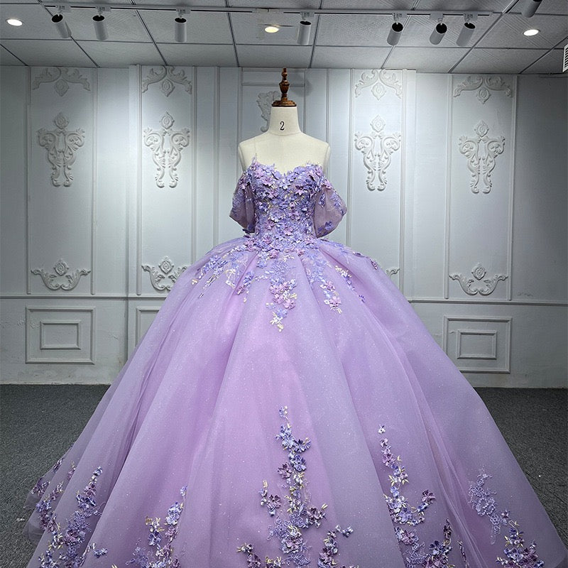 Lavender 3D Flowers Lace Short Sleeves Prom Dress Quinceanera Evening Ball Gown