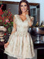 A-Line V-Neck Lace Long Sleeves Short Tulle Homecoming Dress