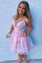 A-line V Neck Pink Homecoming Dress, Short Prom Dresses With Appliques