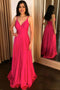 Simple Fuchsia Satin Long Prom Dress, A-line V-neck Formal Gown