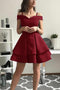 Off Shoulder Burgundy Graduation Gown, Satin Homecoming Short Prom Dress