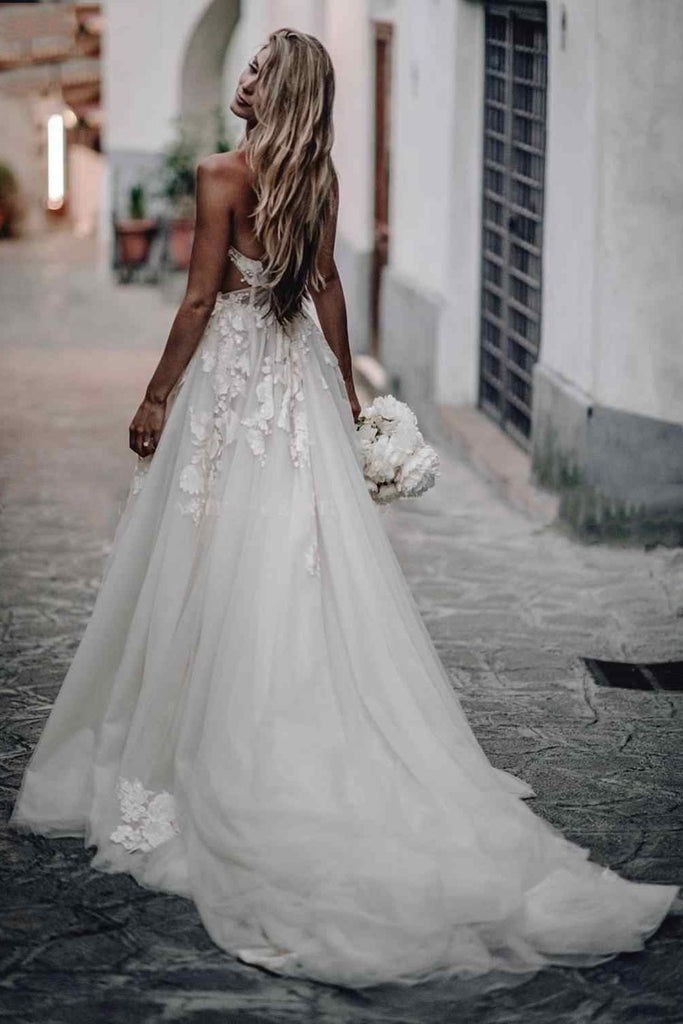 Backless Boho Wedding Dress Tulle Rustic Bridal Gown With Appliques