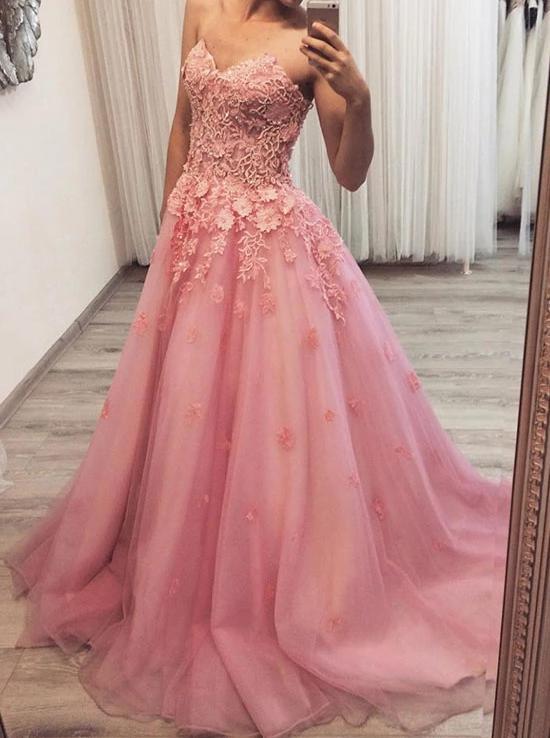 appliqued formal evening dress sweetheart pink tulle long prom dress dtp829