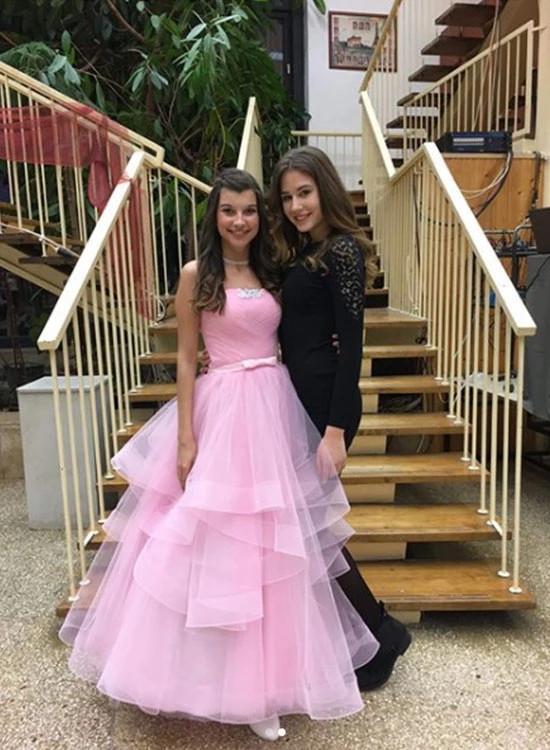 Charming Pink Tulle Long Prom Dresses, Strapless Sweet 16 Dress