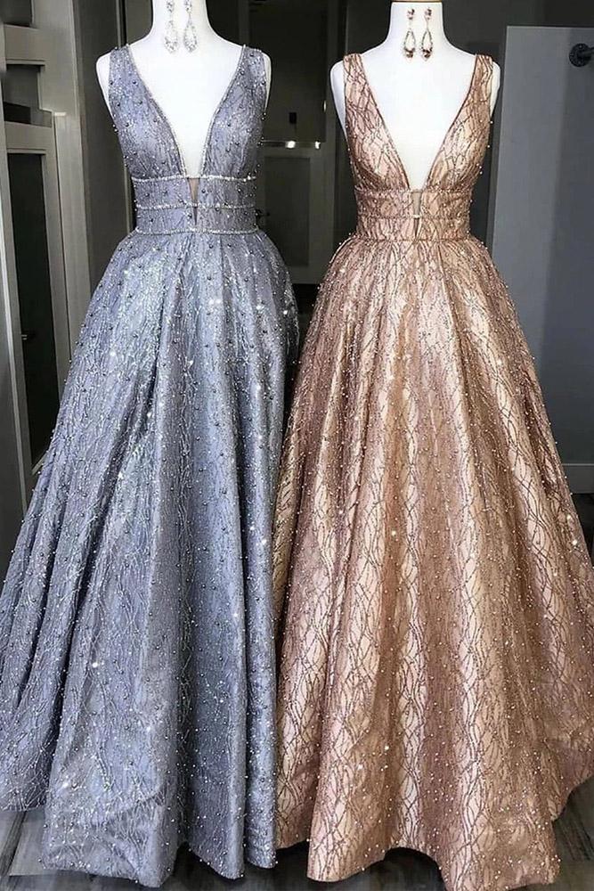 sequins beading party dress a-line v-neck long sparkle prom dresses dtp933