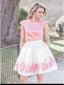 Bateau Pink Two Piece Cap Sleeve Floral Print Homecoming Dress